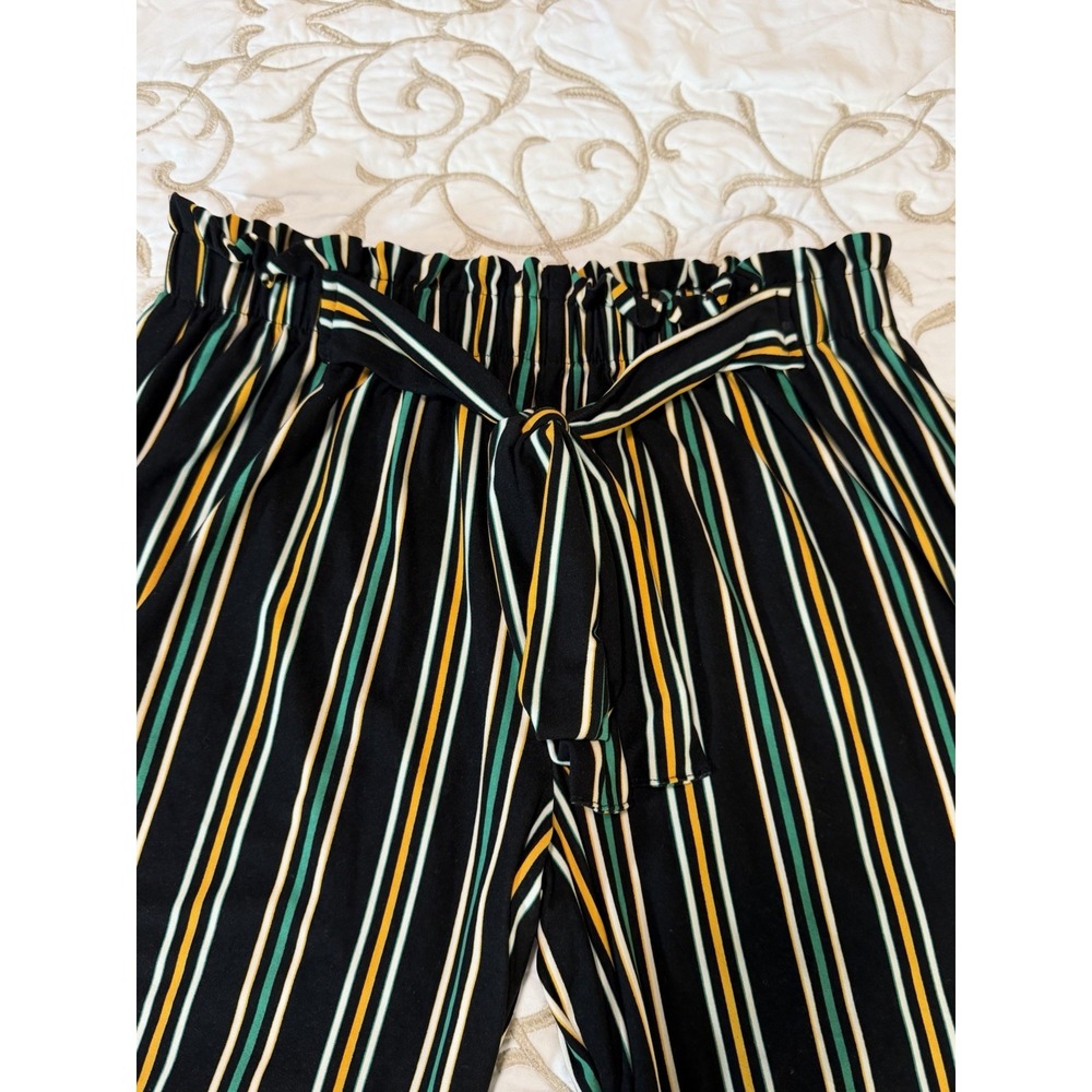 Elizabeth Women's Large Striped Wide Leg Cropped Pants Tie Waist Elastic Black